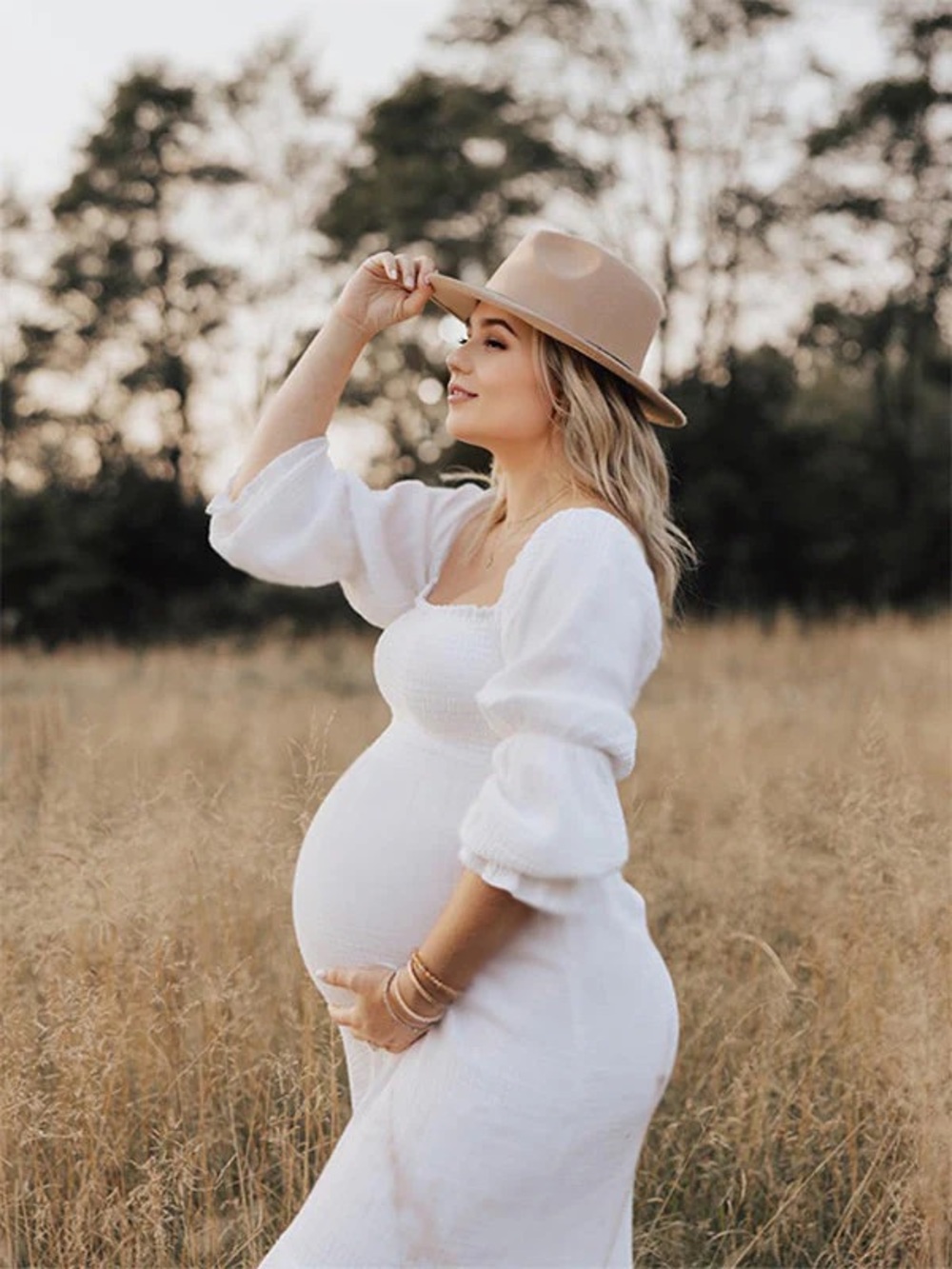 White Maxi Maternity Dress with Puff Sleeves